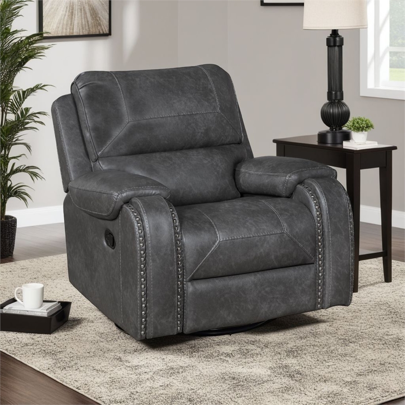 Dean Swivel Recliner Chair- Pillow Tufted Gray Faux Leather