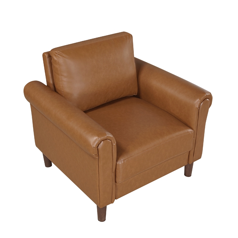 Lo Accent Armchair w Rolled Arms- Mid Century Brown Faux Leather