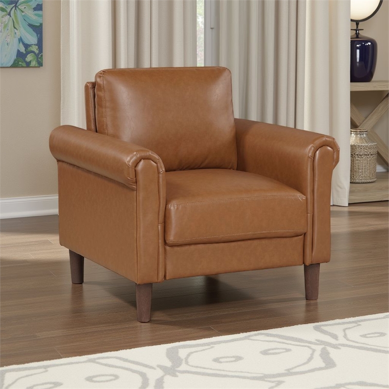 Lo Accent Armchair w Rolled Arms- Mid Century Brown Faux Leather