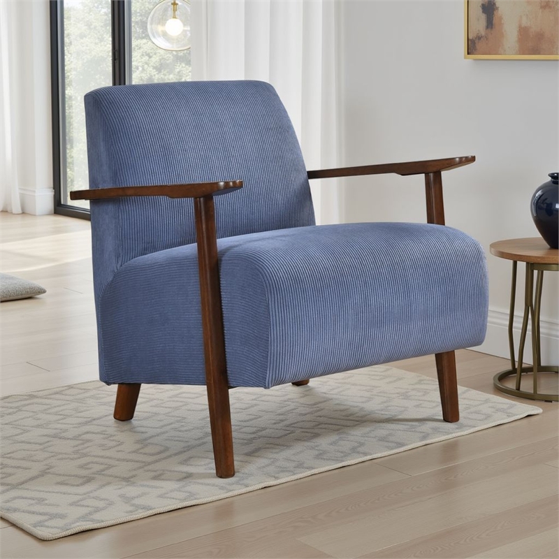 Bernie Accent Club Chair- Blue Corduroy- Dark Brown Solid Wood Frame