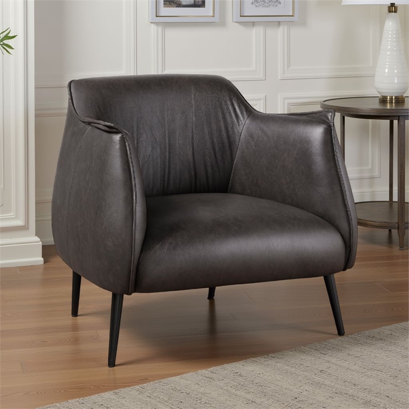 Leoni Accent Club Chair- Dark Brown Faux Leather- Flared Solid Wood