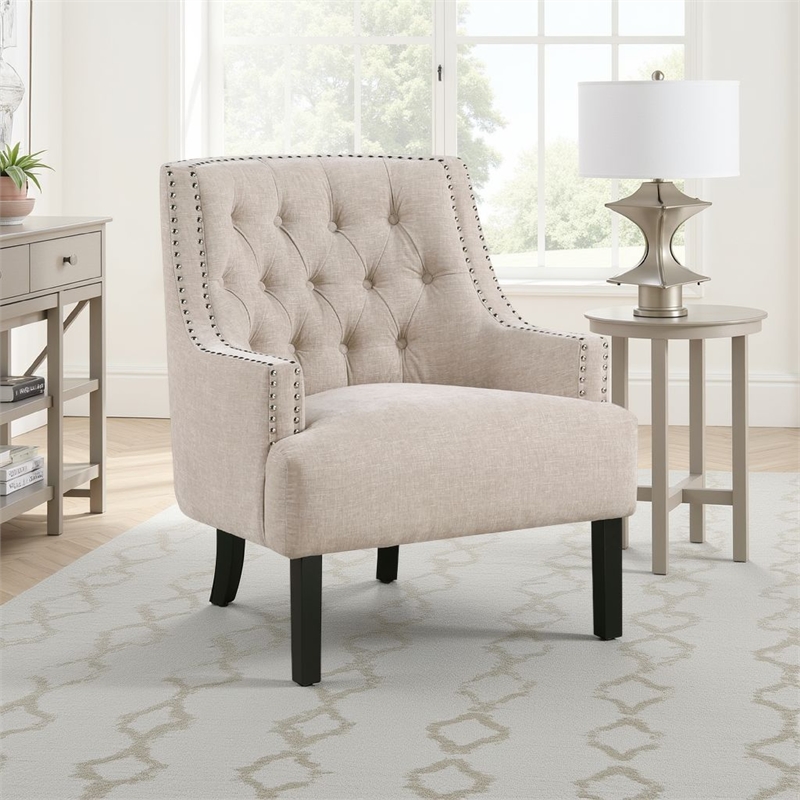 Daisie Accent Armchair- Button Tufted Beige Chenille- Solid Wood