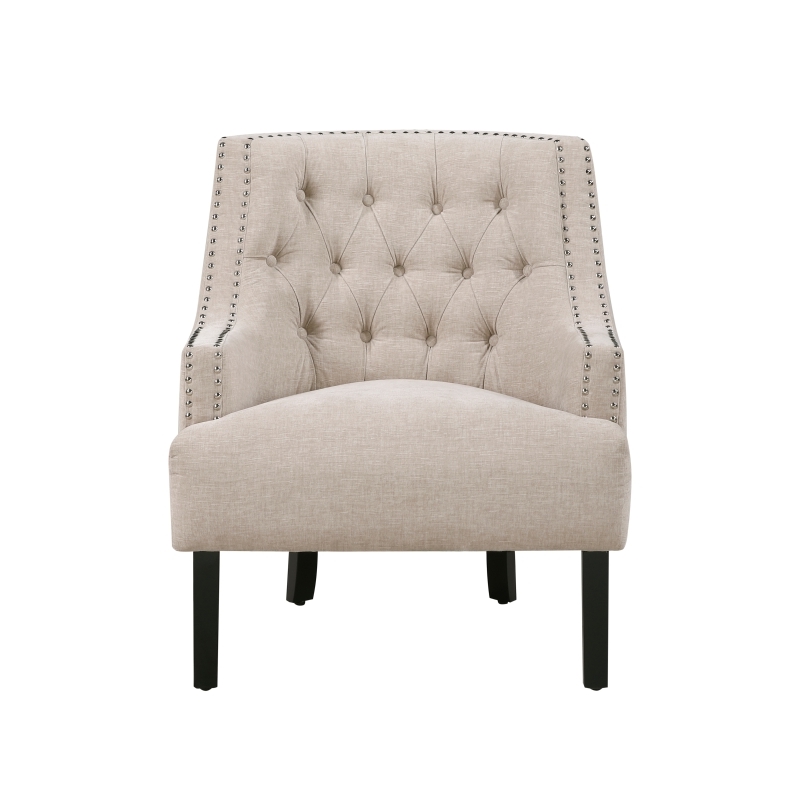 Daisie Accent Armchair- Button Tufted Beige Chenille- Solid Wood