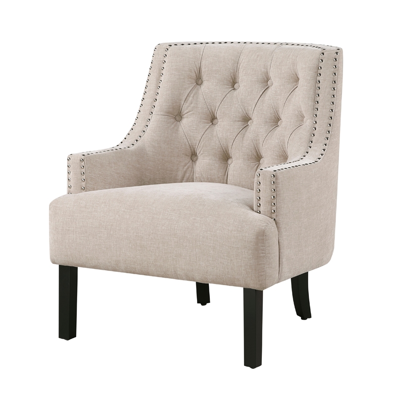Daisie Accent Armchair- Button Tufted Beige Chenille- Solid Wood