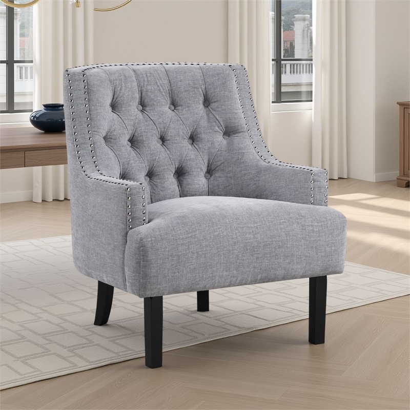 Daisie Accent Armchair- Button Tufted Gray Chenille- Solid Wood