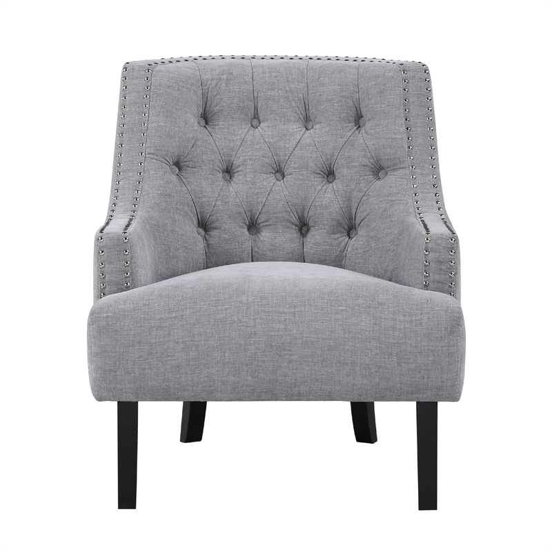 Daisie Accent Armchair- Button Tufted Gray Chenille- Solid Wood