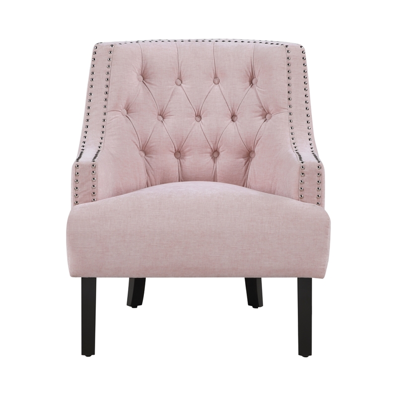 Daisie Accent Armchair- Button Tufted Pink Chenille- Solid Wood