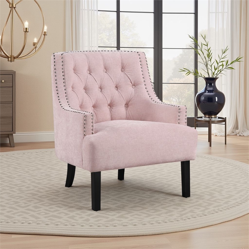 Daisie Accent Armchair- Button Tufted Pink Chenille- Solid Wood