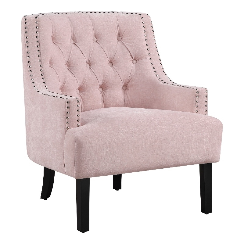 Daisie Accent Armchair- Button Tufted Pink Chenille- Solid Wood