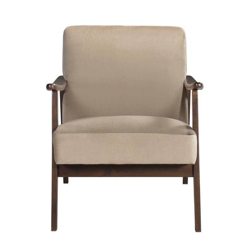 Vandie Accent Club Chair- Light Brown Velvet- Solid Rubberwood Frame