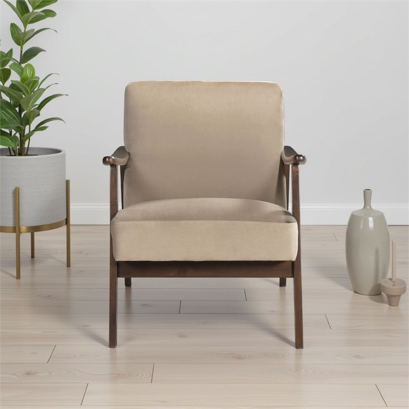 Vandie Accent Club Chair- Light Brown Velvet- Solid Rubberwood Frame