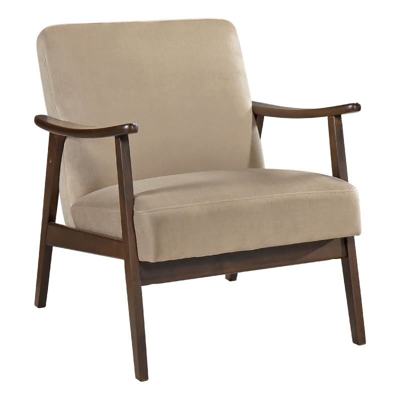 Vandie Accent Club Chair- Light Brown Velvet- Solid Rubberwood Frame