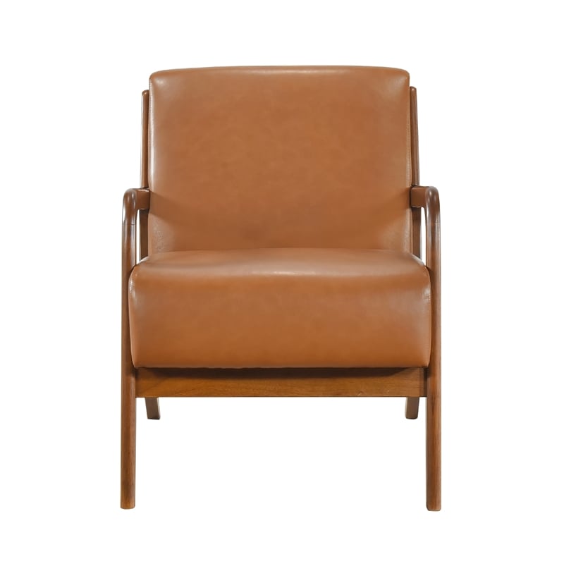 Howard Accent Club Chair- Matte Brown Faux Leather- Solid Rubberwood