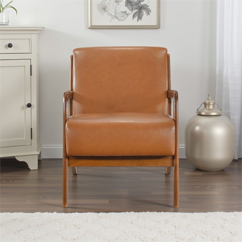 Howard Accent Club Chair- Matte Brown Faux Leather- Solid Rubberwood