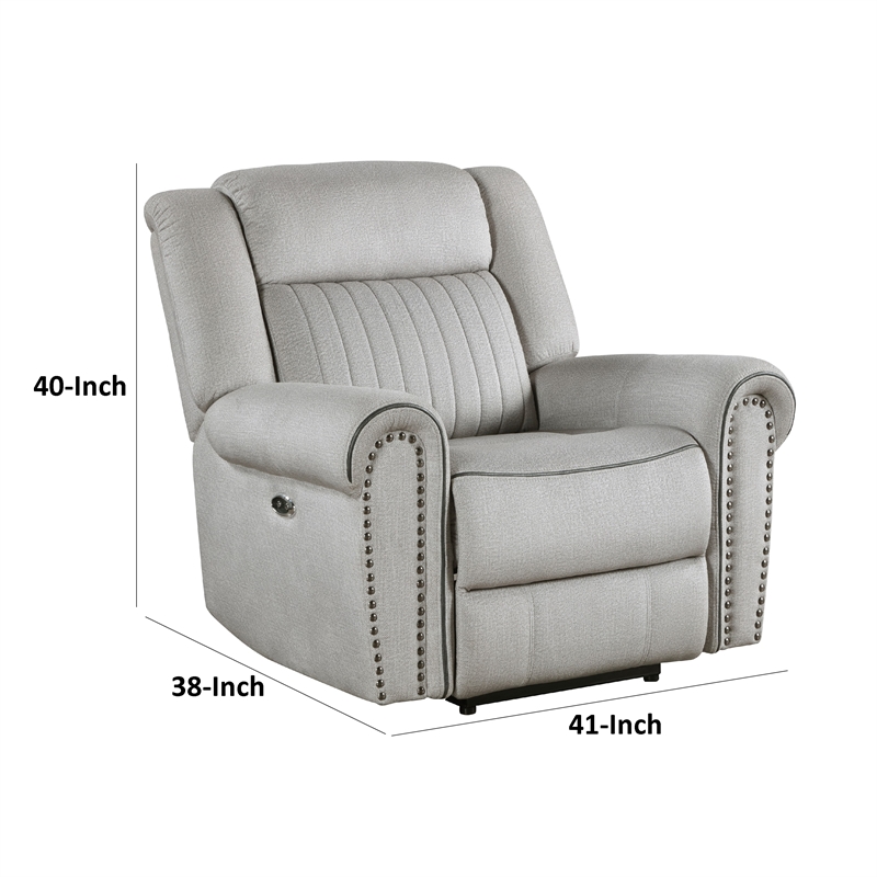 Ben Power Reclining Chair- 41 Inch- Gray Microfiber- Nailhead Trims