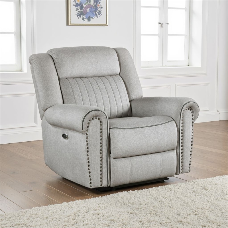 Ben Power Reclining Chair- 41 Inch- Gray Microfiber- Nailhead Trims