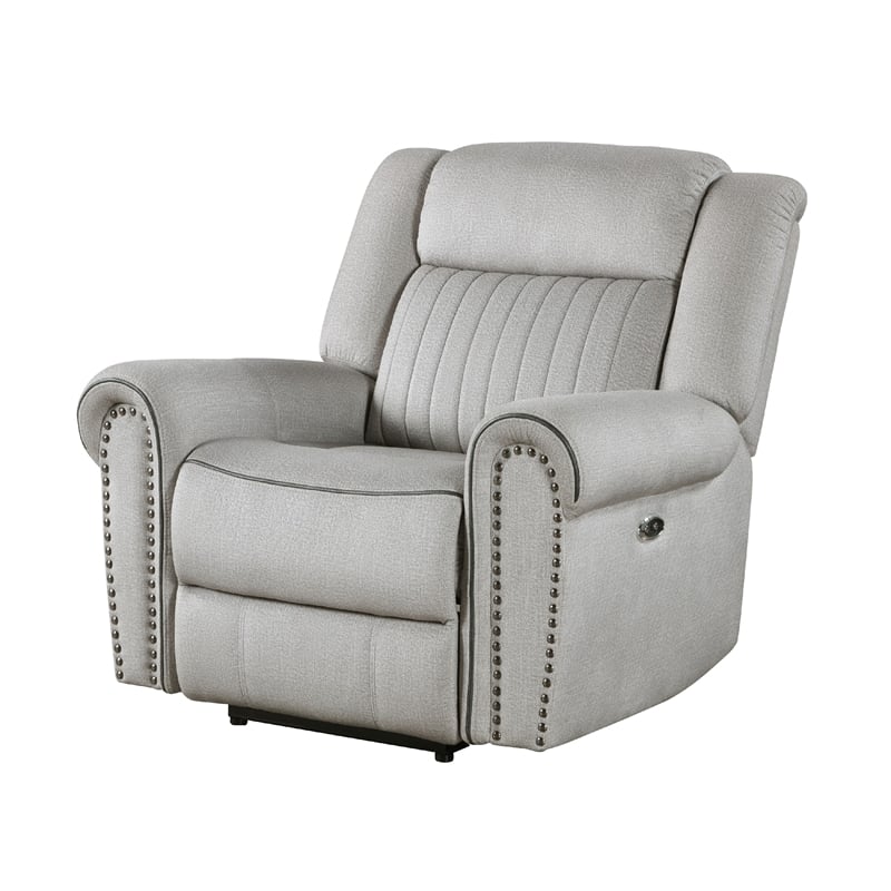 Ben Power Reclining Chair- 41 Inch- Gray Microfiber- Nailhead Trims