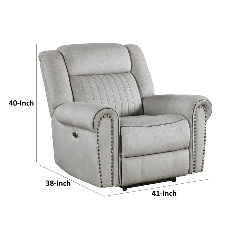 Ben Power Reclining Chair- 41 Inch- Gray Microfiber- Nailhead Trims