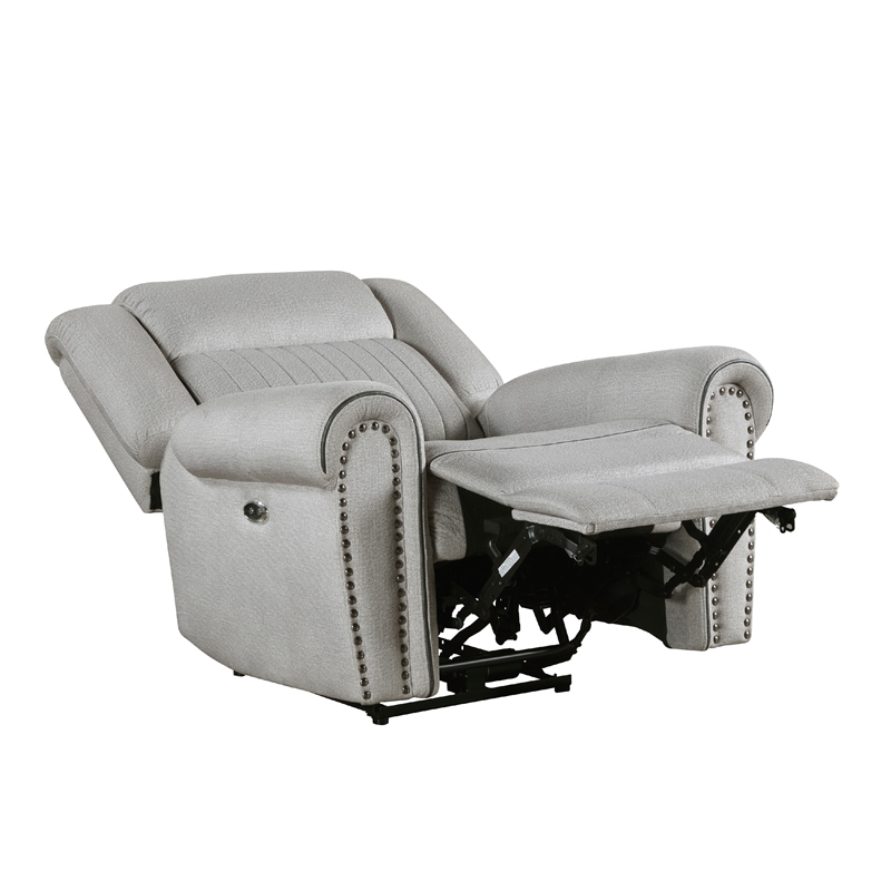 Ben Power Reclining Chair- 41 Inch- Gray Microfiber- Nailhead Trims