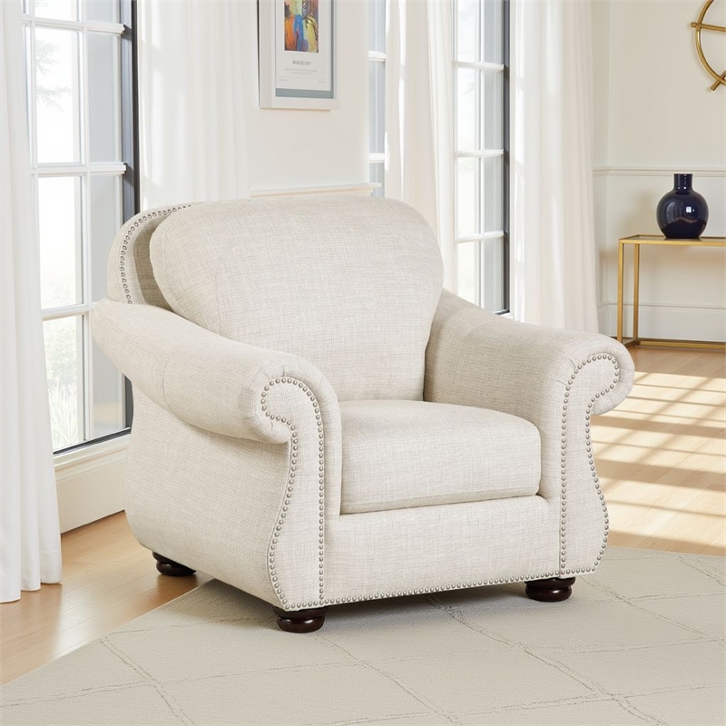 Boro 42 Inch Sofa Armchair- Soft Beige- Armrests w Nailhead Trims