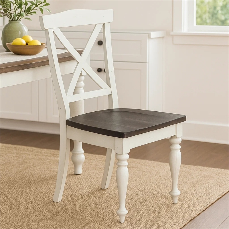 Orso Dining Side Chair Set of 2- Crossback- Brown Wood Seat- White