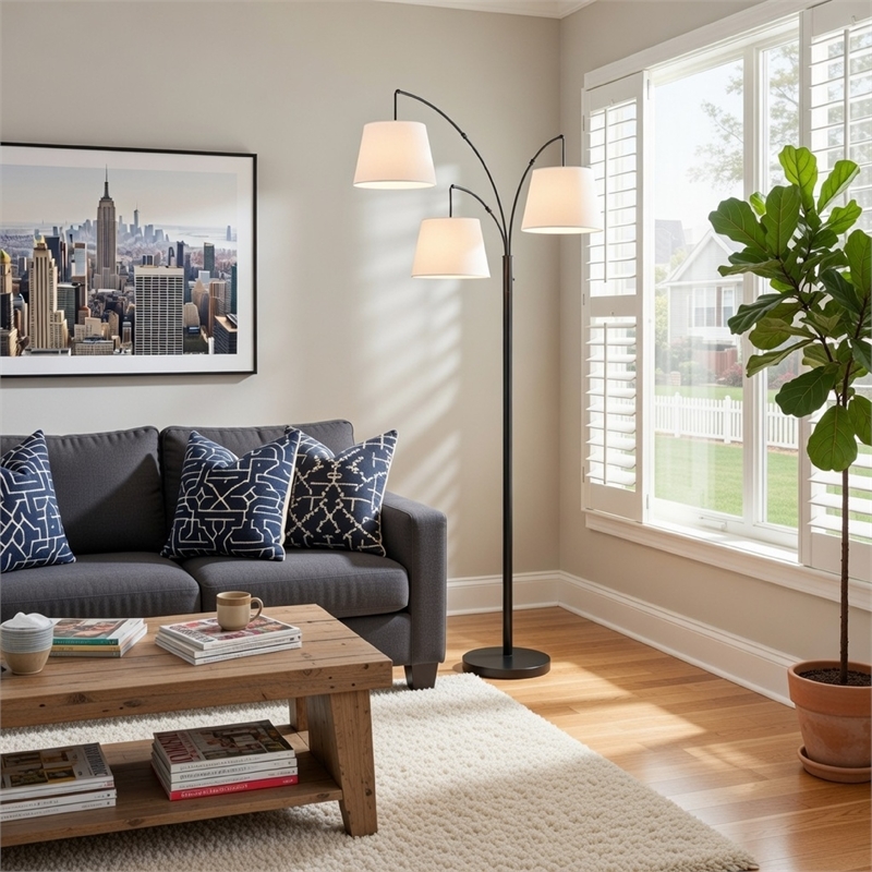 84 Inch Floor Lamp- 3 Tree Style White Drum Shades- Black Metal Finish