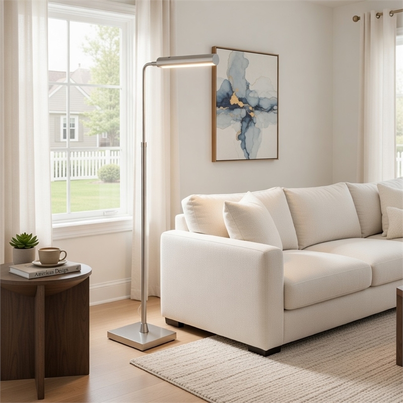 Kime 44-58 Inch Floor Lamp- Adjustable Height- LED- Brushed Steel Finish