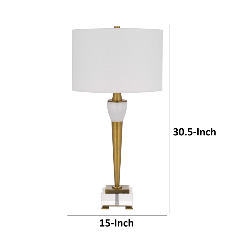 31 Inch Table Lamp with White Drum Shade- Clear Crystal Base- Brass Finish
