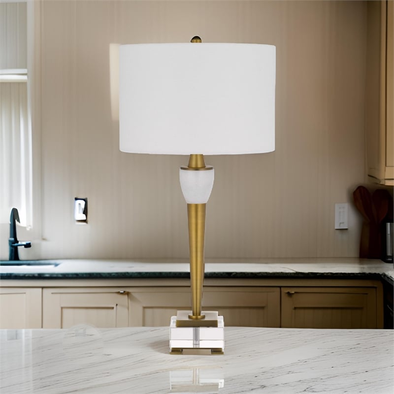 31 Inch Table Lamp with White Drum Shade- Clear Crystal Base- Brass Finish