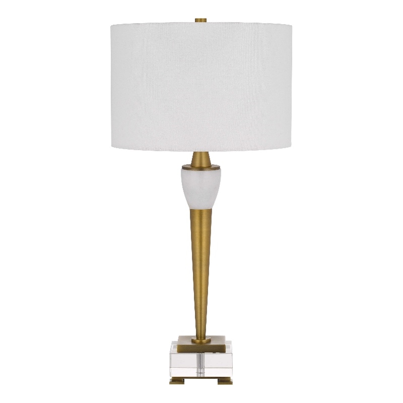 31 Inch Table Lamp with White Drum Shade- Clear Crystal Base- Brass Finish