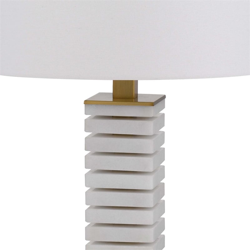 28 Inch Table Lamp- White Drum Hardback- Marble and Antique Brass Finish