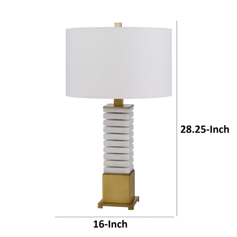 28 Inch Table Lamp- White Drum Hardback- Marble and Antique Brass Finish