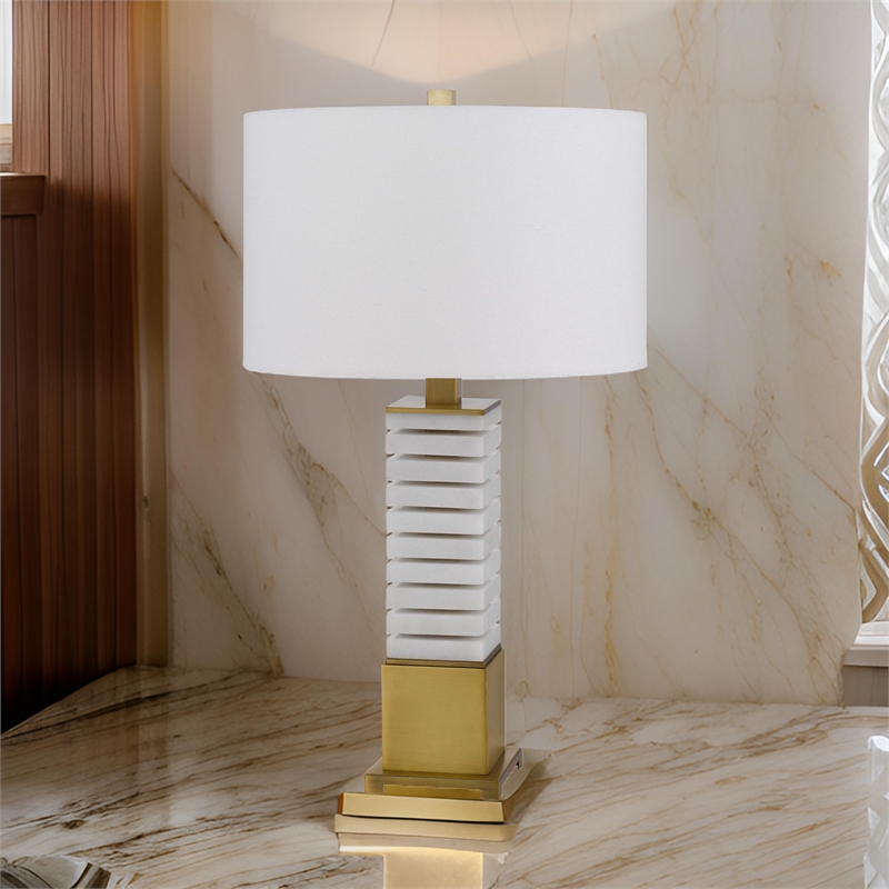 28 Inch Table Lamp- White Drum Hardback- Marble and Antique Brass Finish