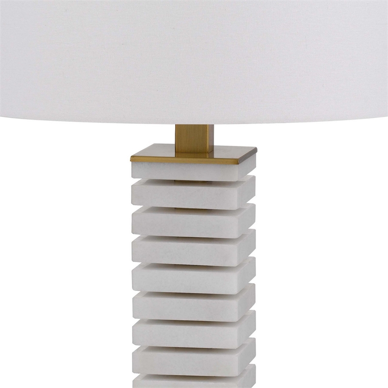 28 Inch Table Lamp- White Drum Hardback- Marble and Antique Brass Finish