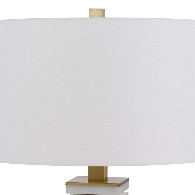28 Inch Table Lamp- White Drum Hardback- Marble and Antique Brass Finish