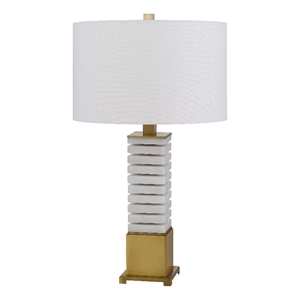 28 Inch Table Lamp- White Drum Hardback- Marble and Antique Brass Finish