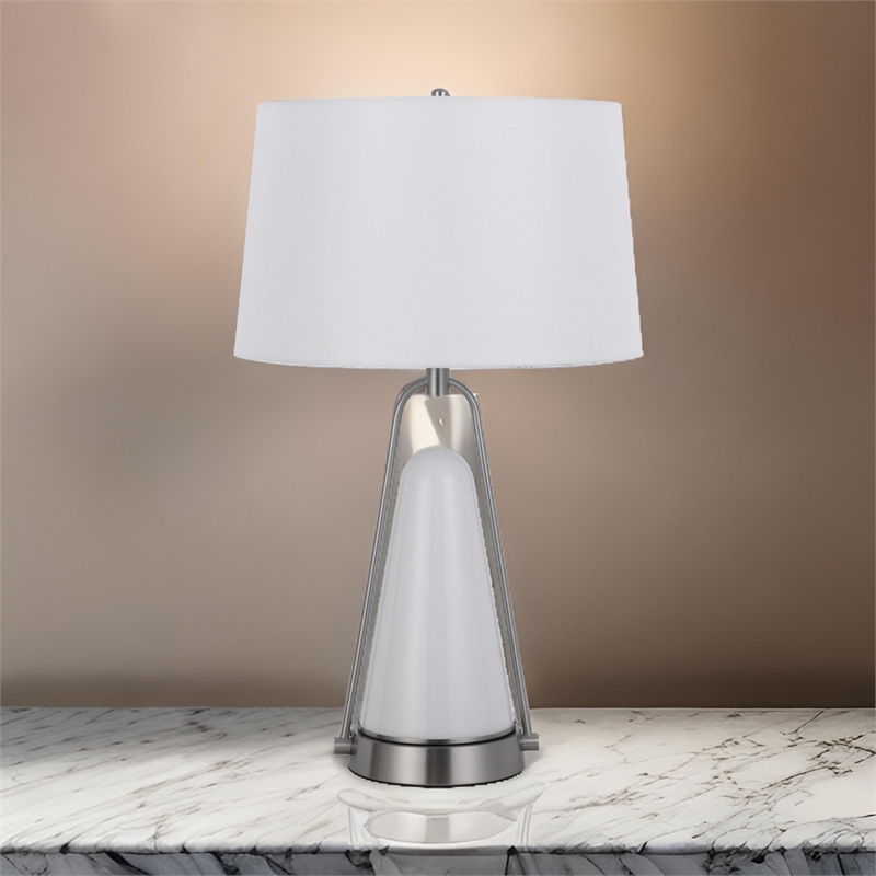 29 Inch Table Lamp- LED Lit- White Drum Hardback- Silver Metal and Glass