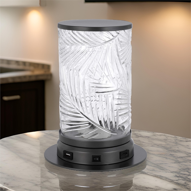 Hem 9 Inch Accent Lamp- LED- Leaf Pattern Glass Shade- Gray Metal Finish
