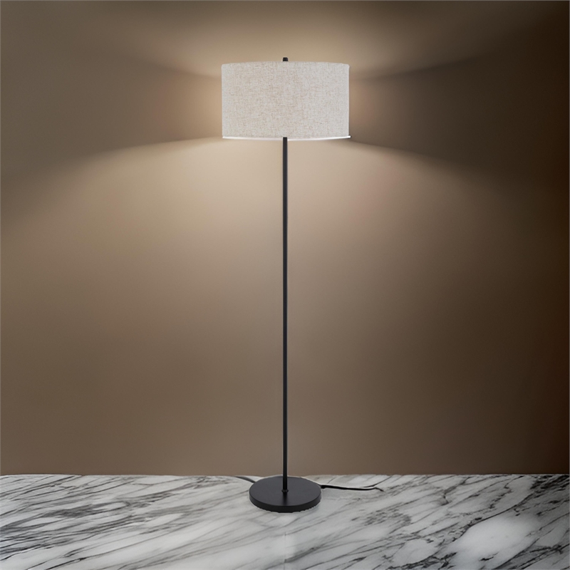Sie 59 Inch Floor Lamp- White Linen Shade- Round Base- Black Metal Pole
