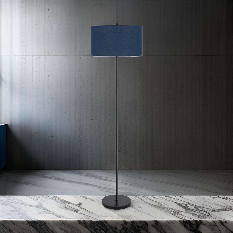 Sie 59 Inch Floor Lamp- Navy Blue Linen Shade- Round Base- Black Metal Pole