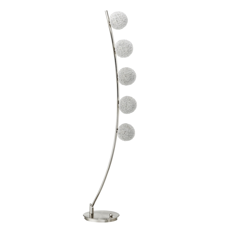 Lila 61 Inch Floor Lamp- Curved Stem with 5 Spheres- Satin Nickel Aluminium