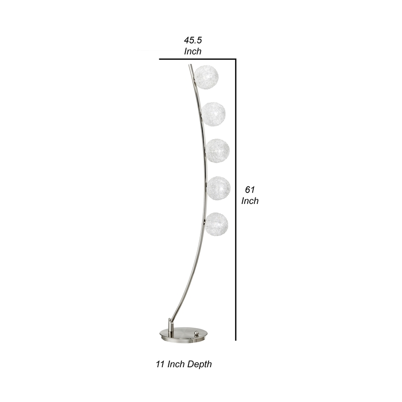 Lila 61 Inch Floor Lamp- Curved Stem with 5 Spheres- Satin Nickel Aluminium