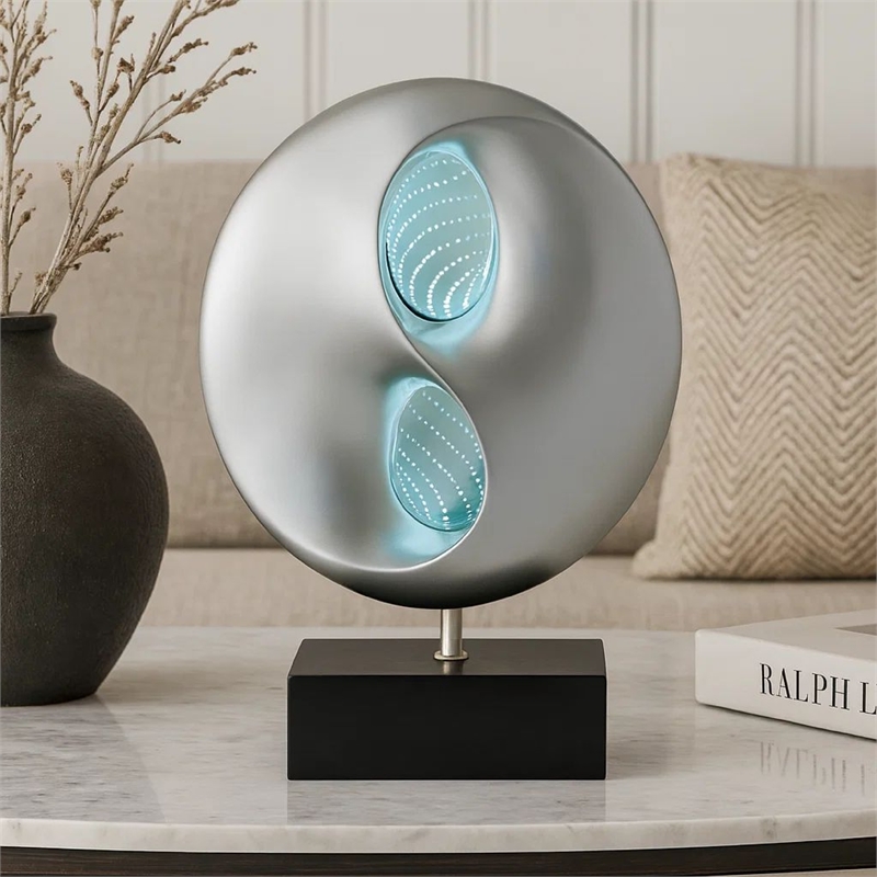 Nila 20 Inch LED Table Lamp- Black Silver Polyresin Orb Sphere- Block Base