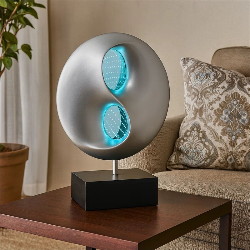 Nila 20 Inch LED Table Lamp- Black Silver Polyresin Orb Sphere- Block Base