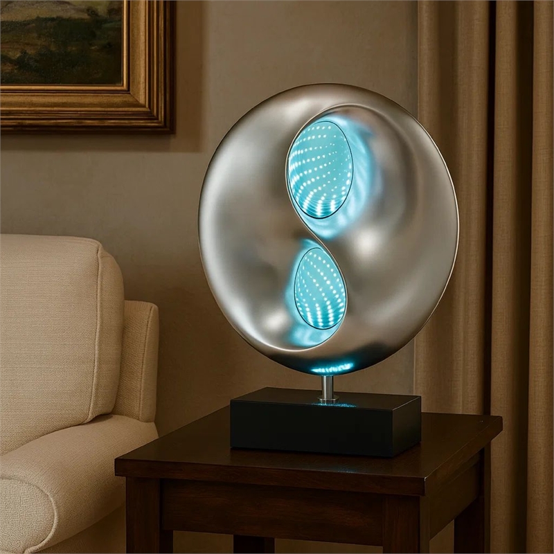 Nila 20 Inch LED Table Lamp- Black Silver Polyresin Orb Sphere- Block Base