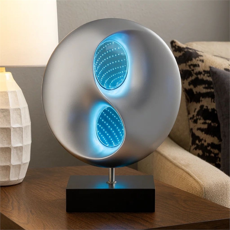 Nila 20 Inch LED Table Lamp- Black Silver Polyresin Orb Sphere- Block Base