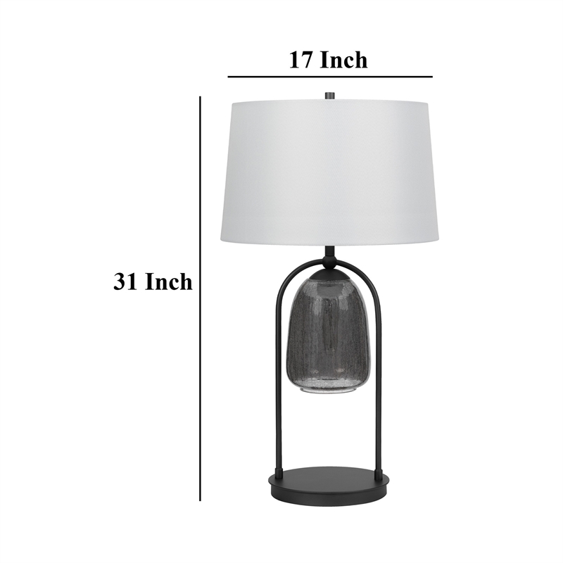 31 Inch Table Lamp- Crackled Black Glass w Night Light- White Shade