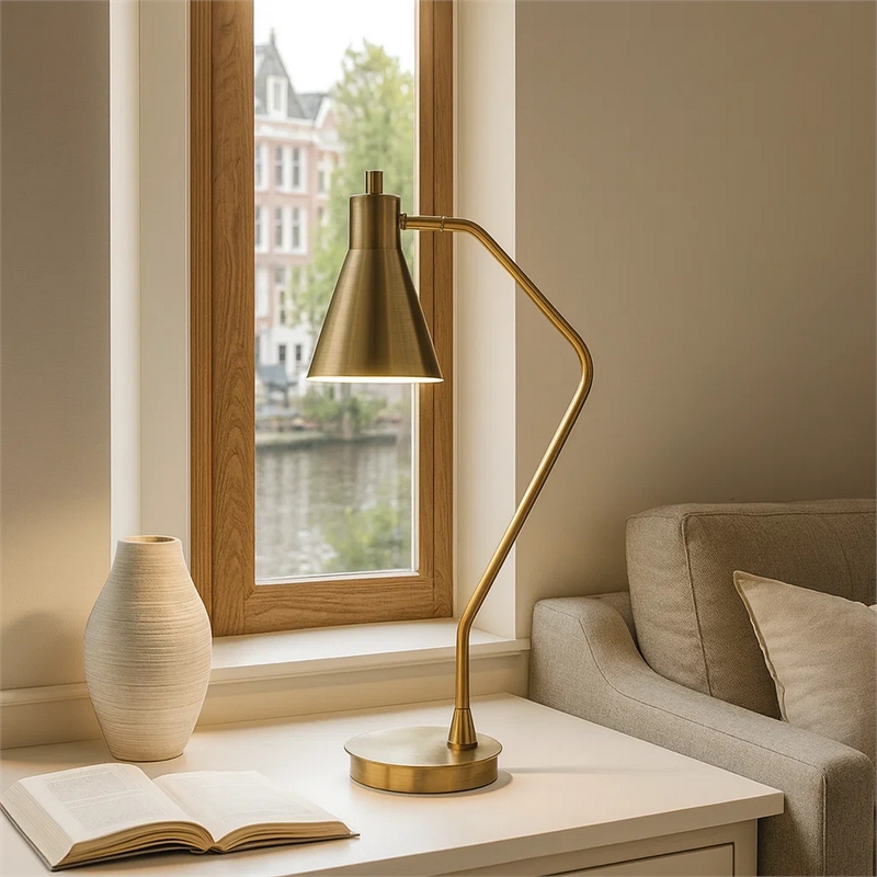 Sty 24 Inch Task Table Lamp- Swivel Brass Shade Angled Thin Metal Pole