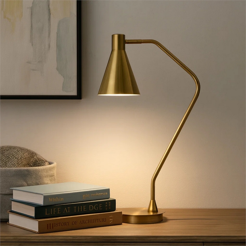 Sty 24 Inch Task Table Lamp- Swivel Brass Shade Angled Thin Metal Pole