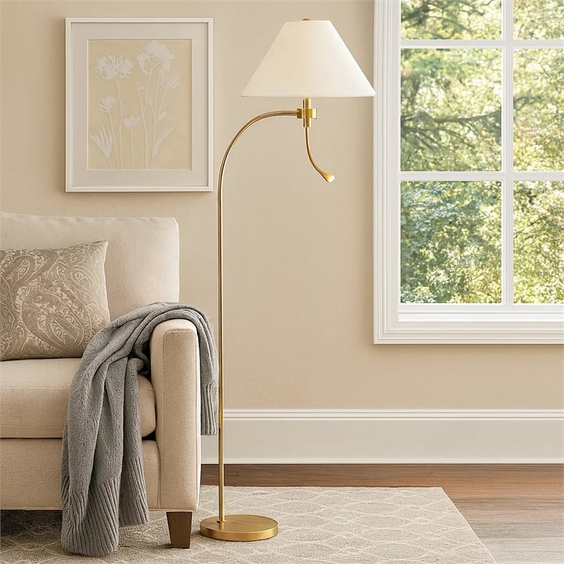 Ashy 68 Inch Task Floor Lamp- Gooseneck LED- White Shade Gold Arc Pole